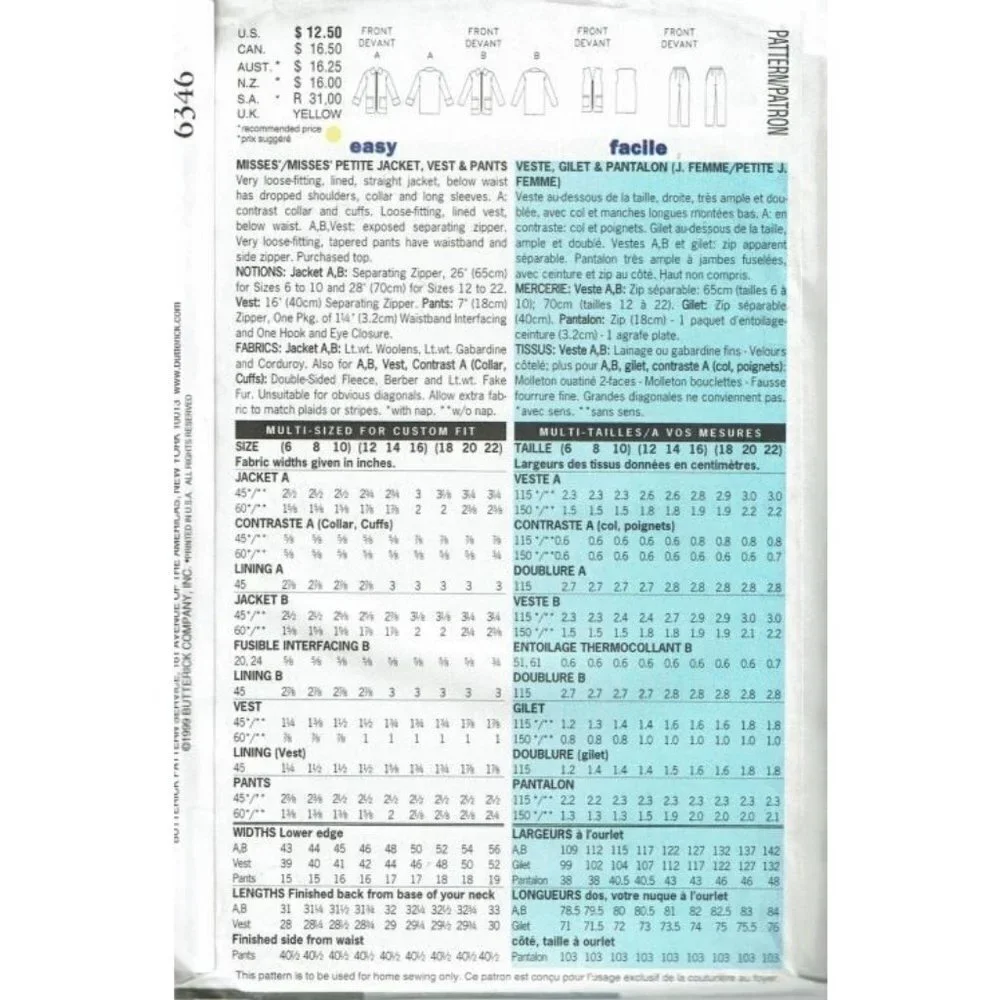 Butterick Sewing Pattern 6346 Jacket‎ Vest Pants Misses Size 6-10